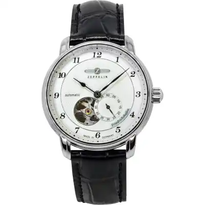 Zeppelin Friedrichshafen Leather Strap Silver Open Heart Dial Automatic 85664 Men's Watch