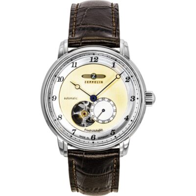 Zeppelin Friedrichshafe Brown Leather Strap Open Heart Gold Dial Automatic 85665 Men's Watch