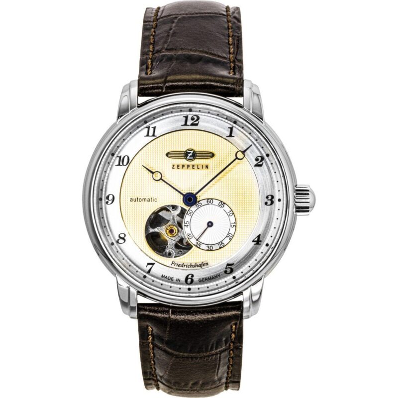 Zeppelin Friedrichshafe Brown Leather Strap Open Heart Gold Dial Automatic 85665 Men's Watch