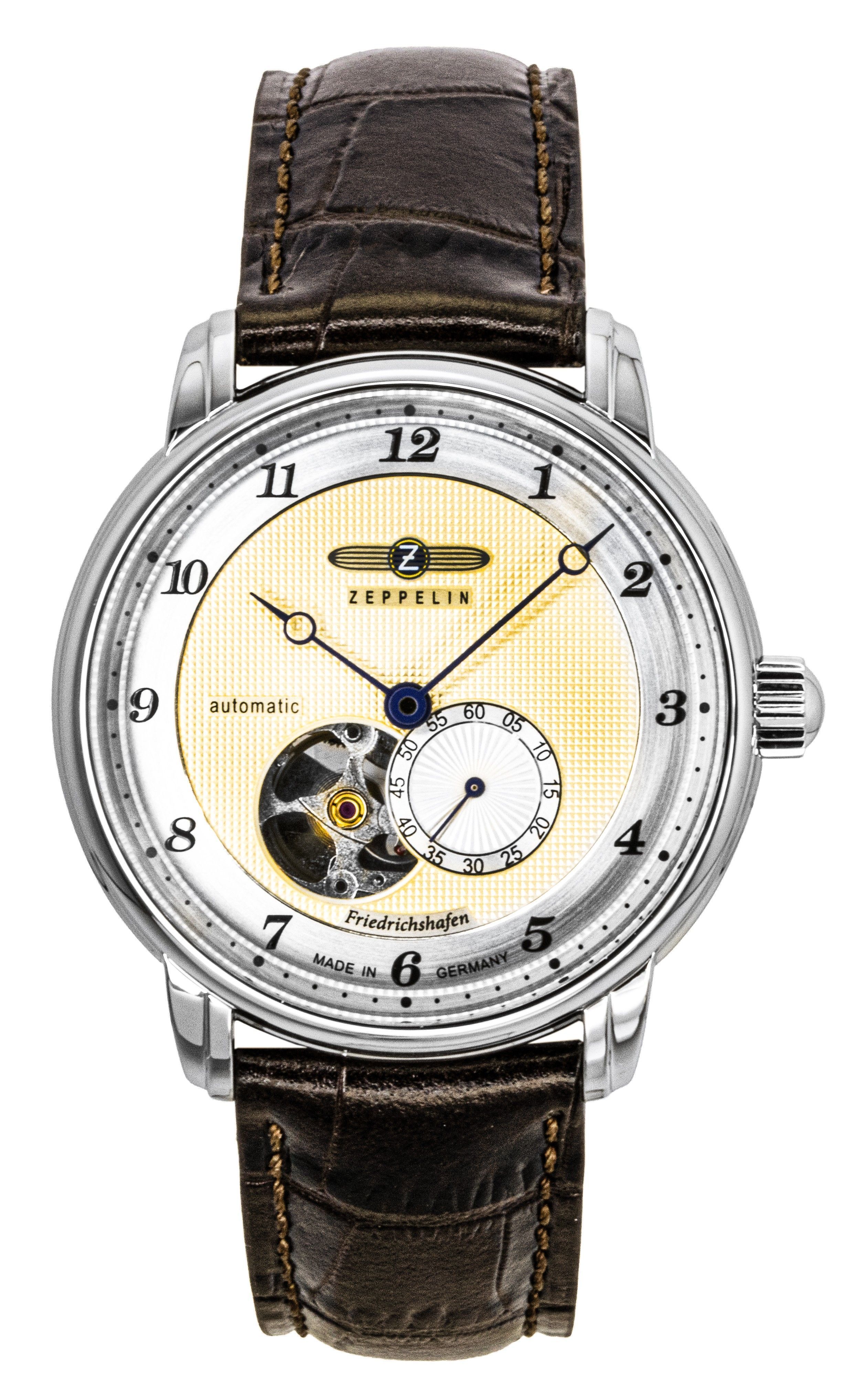 Zeppelin Friedrichshafe Brown Leather Strap Open Heart Gold Dial Automatic 85665 Men's Watch