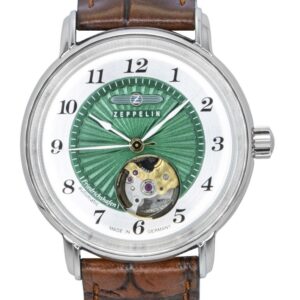 Zeppelin Friedrichshafen Leather Strap Open Heart Green Dial Automatic 85672 Women's Watch