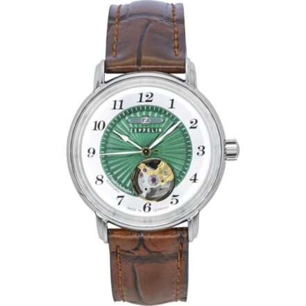 Zeppelin Friedrichshafen Leather Strap Open Heart Green Dial Automatic 85672 Women's Watch