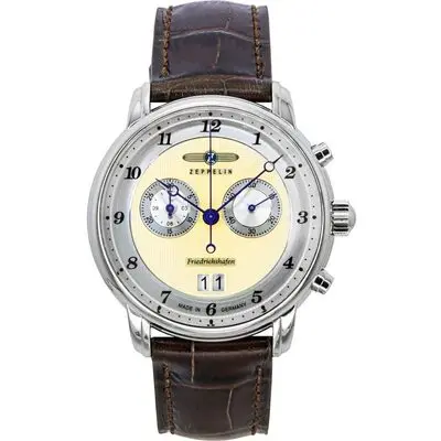 Zeppelin Friedrichshafen Chronograph Leather Strap Gold Dial Quartz 85845 Men's Watch