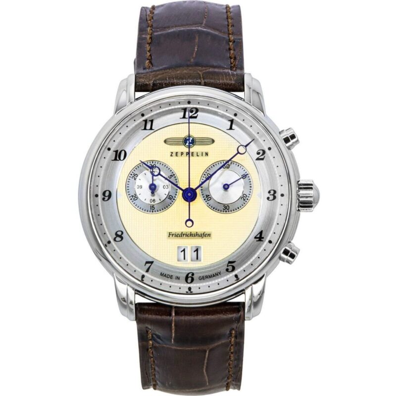 Zeppelin Friedrichshafen Chronograph Leather Strap Gold Dial Quartz 85845 Men's Watch