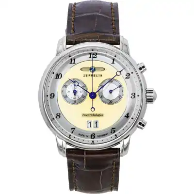 Zeppelin Friedrichshafen Chronograph Leather Strap Gold Dial Quartz 85845 Men's Watch