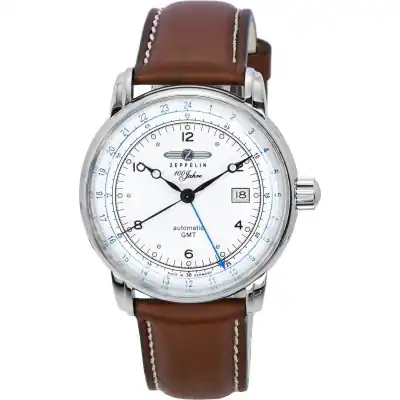 Zeppelin 100 Jahre GMT Leather Strap Silver Dial Automatic 86661 Men's Watch