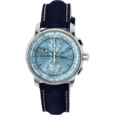 Zeppelin 100 Jahre Chronograph Leather Strap Ice Blue Dial Quartz 86704 Men's Watch