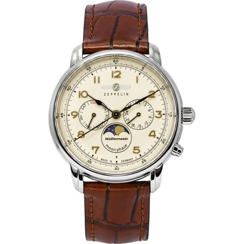 Zeppelin Mediterranean Moon Phase Leather Strap Beige Dial Quartz 96365 Men's Watch