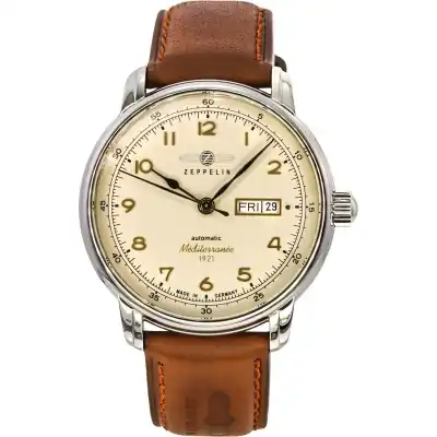 Zeppelin Mediterranee 1921 Leather Strap Beige Dial Automatic 96645 Men's Watch
