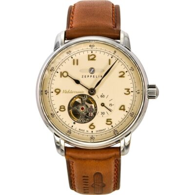 Zeppelin Mediterranee Leather Strap Open Heart Beige Dial Automatic 96665 Men's Watch