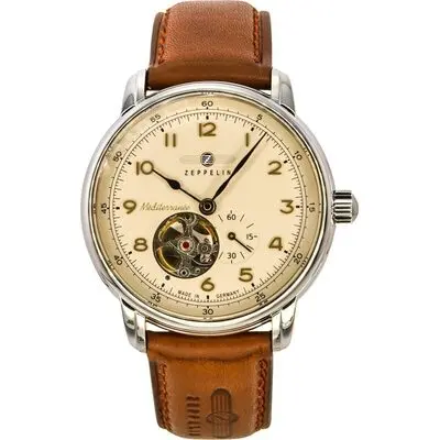 Zeppelin Mediterranee Leather Strap Open Heart Beige Dial Automatic 96665 Men's Watch