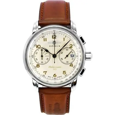 Zeppelin Mediterranee Chronograph Leather Strap Beige Dial Quartz 96705 Men's Watch