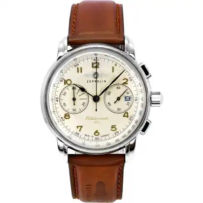 Zeppelin Mediterranee Chronograph Leather Strap Beige Dial Quartz 96705 Men's Watch