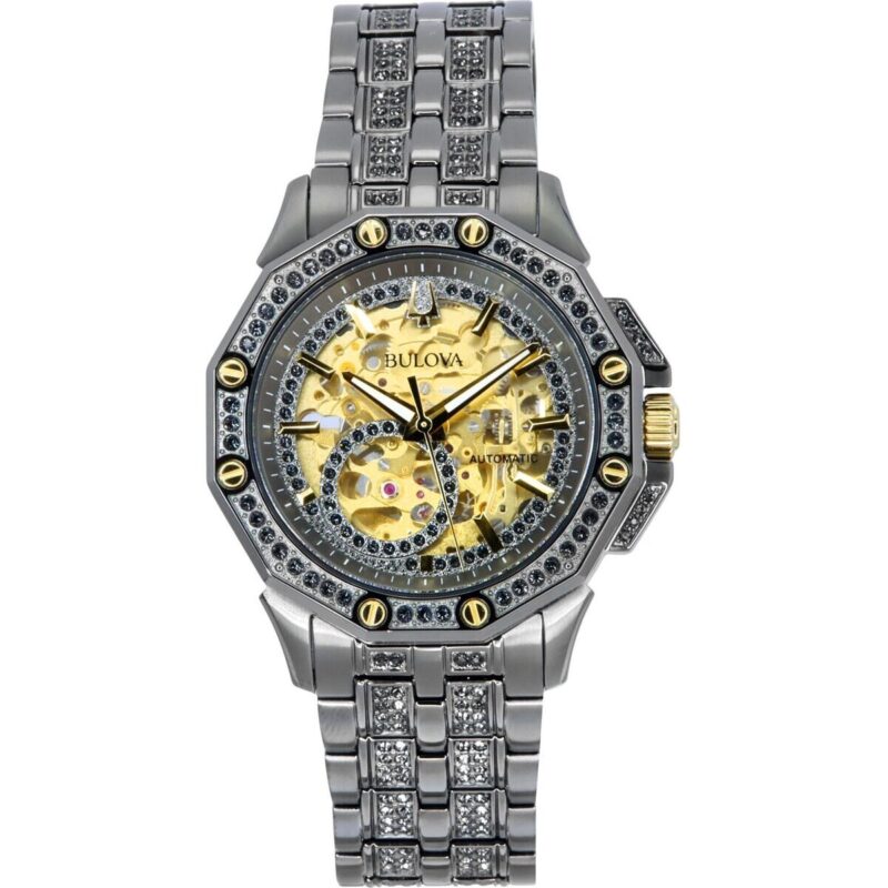Bulova Octava Crystal Accents Stainless Steel Skeleton Gold Dial Automatic 98a293 Men's Watch Bulova Octava Crystal Accents Stainless Steel Skeleton Gold Dial Automatic 98a293 Men's Watch
