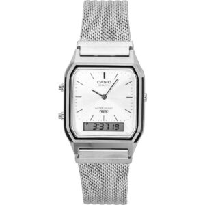 Casio Vintage Analog Digital Stainless Steel Mesh Bracelet Silver Dial Quartz AQ-230EM-7A Unisex Watch