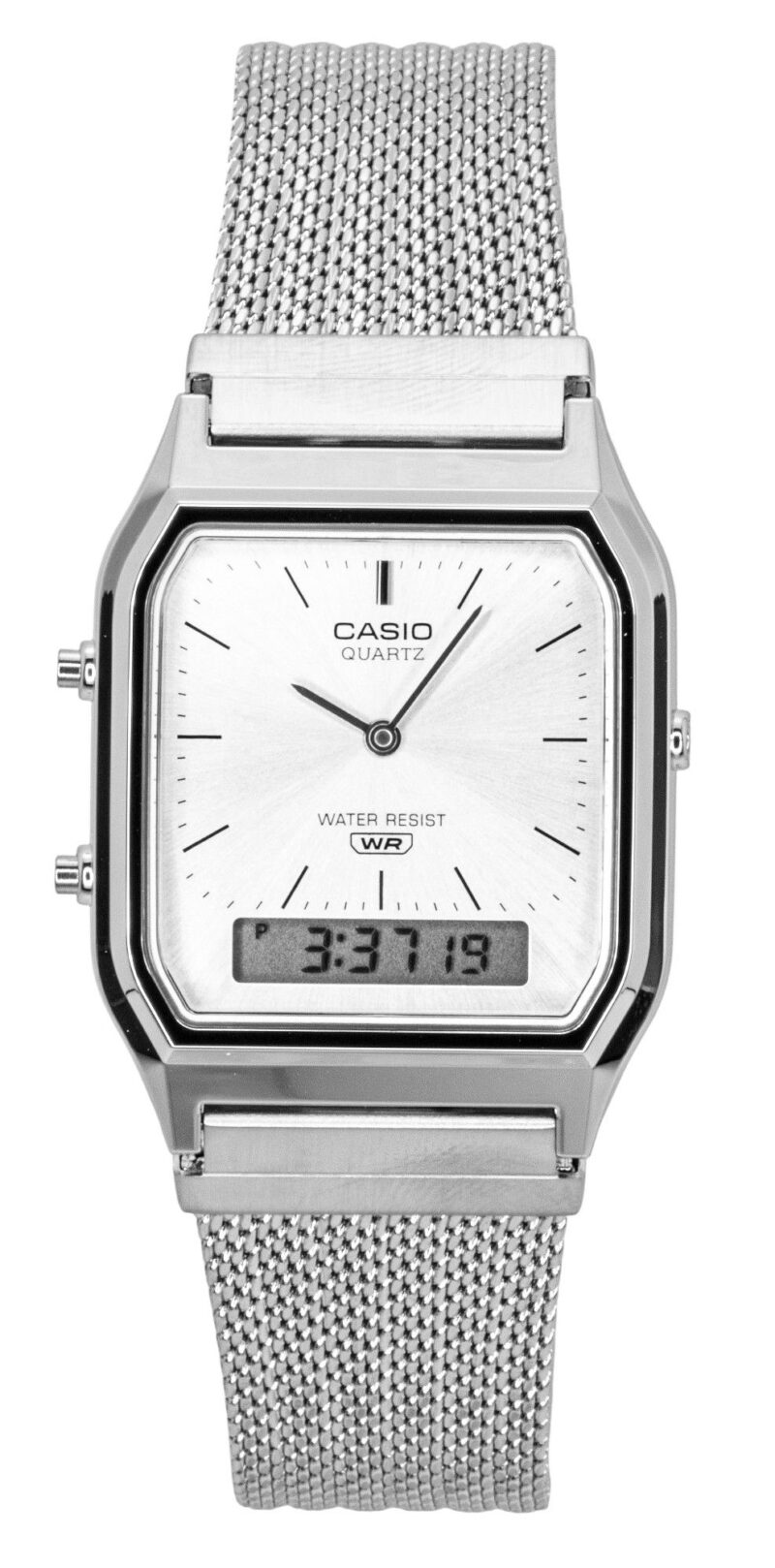 Casio Vintage Analog Digital Stainless Steel Mesh Bracelet Silver Dial Quartz AQ-230EM-7A Unisex Watch
