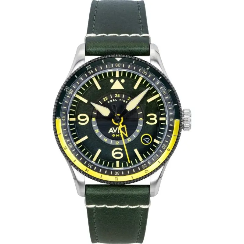 AVI-8 Flyboy Airmaster GMT Fuselage Green Leather Strap Green Dial Automatic AV-4128-03 Men's Watch