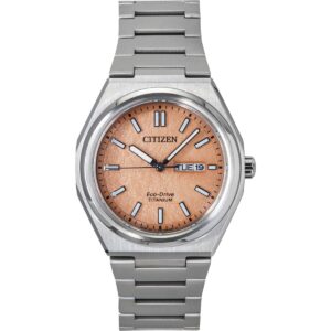 Citizen Zenshin Super Titanium Salmon Dial Eco-Drive AW0130-85Z 100M Men's Watch