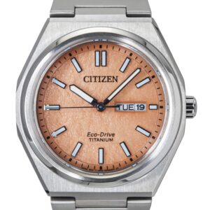Citizen Zenshin Super Titanium Salmon Dial Eco-Drive AW0130-85Z 100M Men's Watch