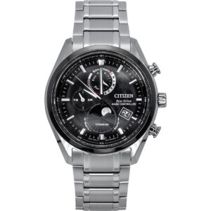Citizen Tsuki-Yomi Radio Controlled Moon Phase Super Titanium Black Dial Eco-Drive BY1018-80E 100M Men's Watch
