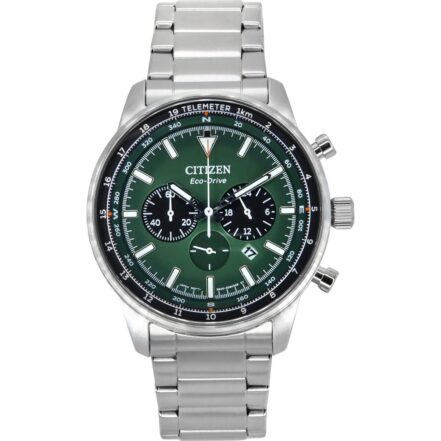 Citizen Eco-Drive Chronograph Stainless Steel Green Dial CA4500-91X 100M Men's Watch
