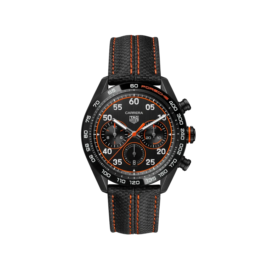 TAG Heuer Carrera x Porsche Orange Racing 44mm Men's Watch – Black DLC Steel & Ceramic Automatic Chronograph, 80H Power Reserve & Calfskin Strap (CBN2A1M.FC6526)