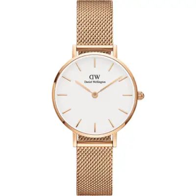 Daniel Wellington Women's classic petite Melrose watch - 32 mm - White dial with rose gold mesh bracelet (DW00100163)