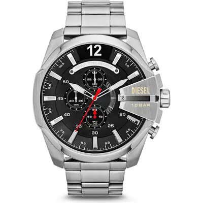 Diesel Mega Chief 51mm Men’s Watch – Silver Stainless Steel, Black Chronograph Dial & 10 ATM Water Resistance (DZ4308)