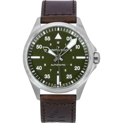 Hamilton Khaki Aviation Pilot Leather Strap Green Dial Automatic H76305560 100M Men's Watch