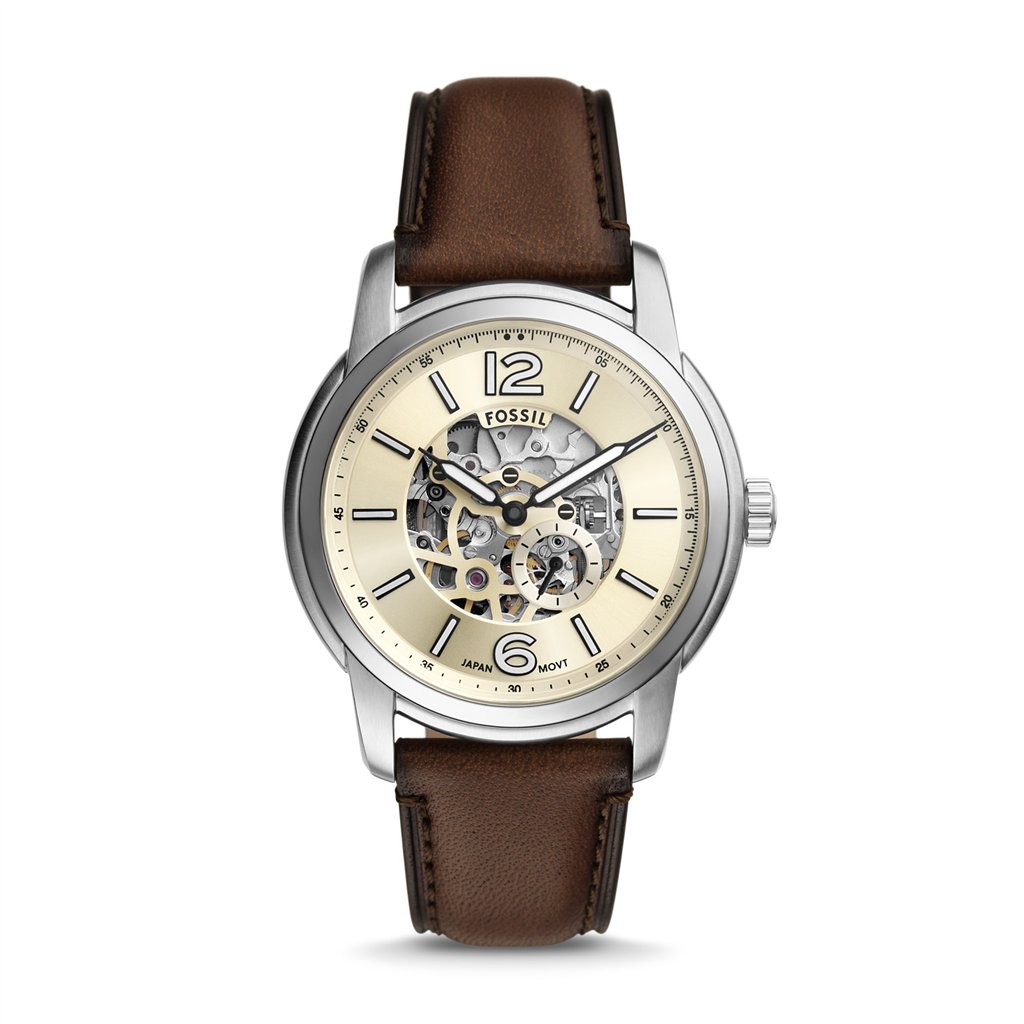 Fossil Heritage Men’s Automatic Watch | 43mm Cream Skeleton Dial with Sapphire Crystal and Brown Leather Strap (ME3264)