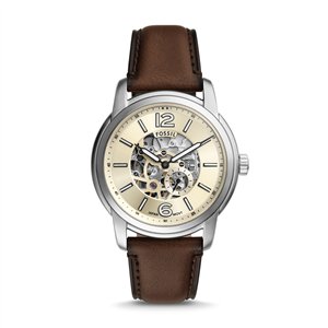 Fossil Heritage Men’s Automatic Watch | 43mm Cream Skeleton Dial with Sapphire Crystal and Brown Leather Strap (ME3264)