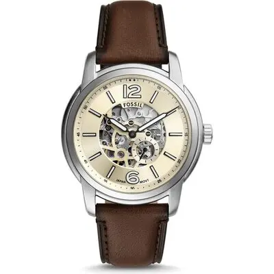 Fossil Heritage Men’s Automatic Watch | 43mm Cream Skeleton Dial with Sapphire Crystal and Brown Leather Strap (ME3264)