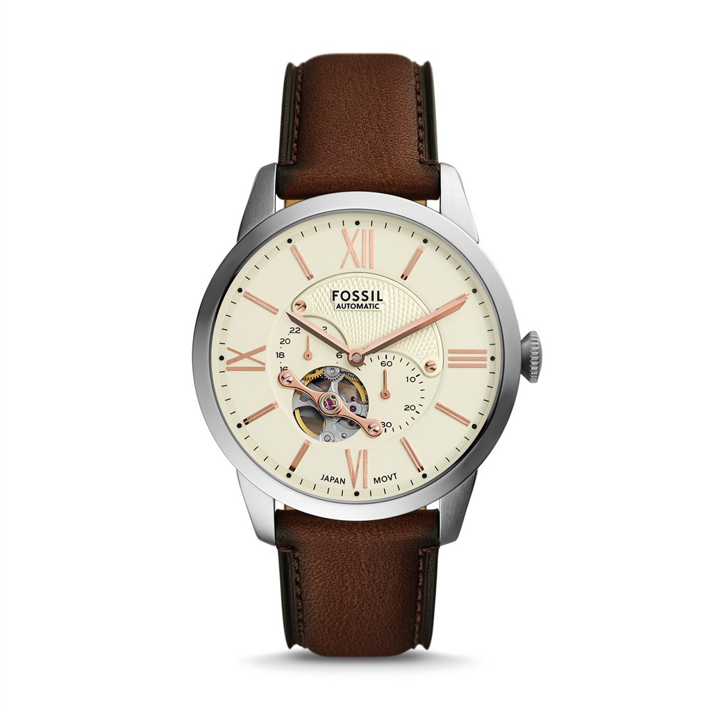 Fossil Townsman Men’s Automatic Watch | 44mm Cream Open-Heart Skeleton Dial with Silver-Tone Case and Brown Leather Strap (ME3266)