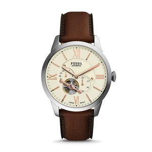 Fossil Townsman Men’s Automatic Watch | 44mm Cream Open-Heart Skeleton Dial with Silver-Tone Case and Brown Leather Strap (ME3266)