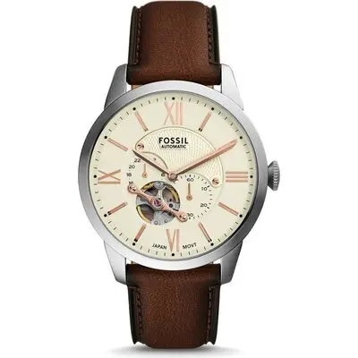 Fossil Townsman Men’s Automatic Watch | 44mm Cream Open-Heart Skeleton Dial with Silver-Tone Case and Brown Leather Strap (ME3266)