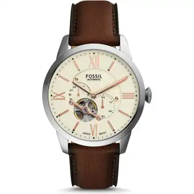 Fossil Townsman Men’s Automatic Watch | 44mm Cream Open-Heart Skeleton Dial with Silver-Tone Case and Brown Leather Strap (ME3266)