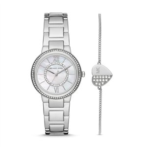 Michael Kors Mini Gabbi Women’s Silver-Tone Watch & Heart Bracelet Set | Pavé Crystal 33mm Stainless Steel Luxury Timepiece (MK1033)