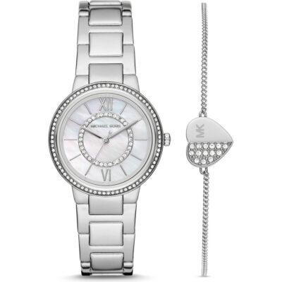 Michael Kors Mini Gabbi Women’s Silver-Tone Watch & Heart Bracelet Set | Pavé Crystal 33mm Stainless Steel Luxury Timepiece (MK1033)
