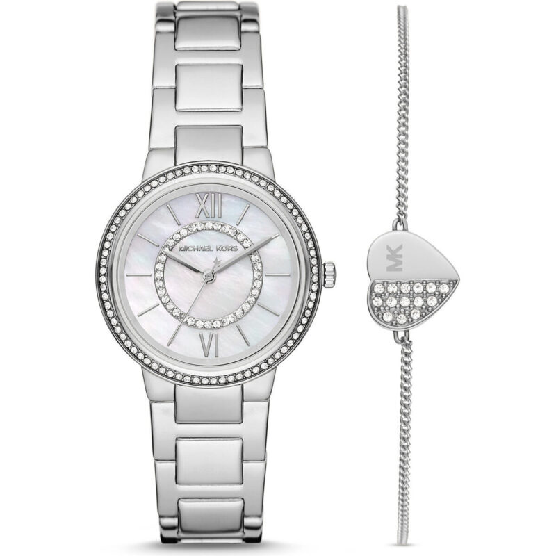 Michael Kors Mini Gabbi Women’s Silver-Tone Watch & Heart Bracelet Set | Pavé Crystal 33mm Stainless Steel Luxury Timepiece (MK1033)