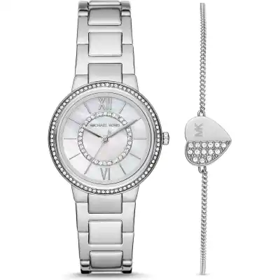 Michael Kors Mini Gabbi Women’s Silver-Tone Watch & Heart Bracelet Set | Pavé Crystal 33mm Stainless Steel Luxury Timepiece (MK1033)