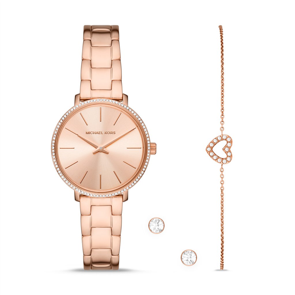Michael Kors Pyper Women’s Rose Gold-Tone Watch Gift Set | 32mm Stainless Steel Watch with Pavé Heart Bracelet & Stud Earrings (MK1040)