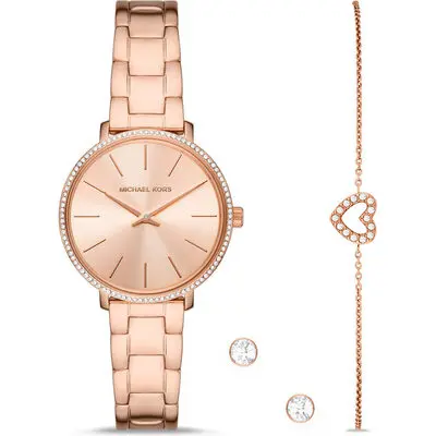 Michael Kors Pyper Women’s Rose Gold-Tone Watch Gift Set | 32mm Stainless Steel Watch with Pavé Heart Bracelet & Stud Earrings (MK1040)