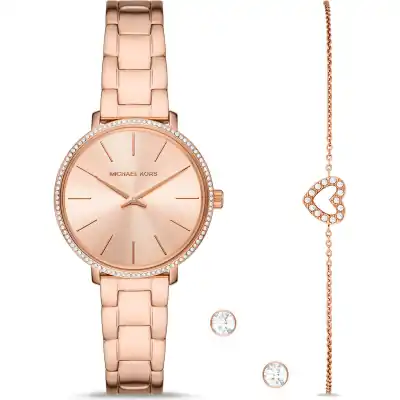 Michael Kors Pyper Women’s Rose Gold-Tone Watch Gift Set | 32mm Stainless Steel Watch with Pavé Heart Bracelet & Stud Earrings (MK1040)