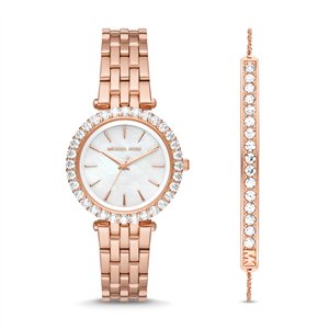 Michael Kors Darci Women’s Rose Gold-Tone Watch & Bracelet Set | 34mm Mother of Pearl Dial with Pavé Crystal Bezel (MK1064SET)