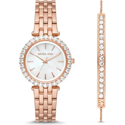 Michael Kors Darci Women’s Rose Gold-Tone Watch & Bracelet Set | 34mm Mother of Pearl Dial with Pavé Crystal Bezel (MK1064SET)
