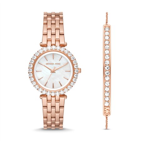 Michael Kors Darci Women’s Rose Gold-Tone Watch & Bracelet Set | 34mm Mother of Pearl Dial with Pavé Crystal Bezel (MK1064SET)