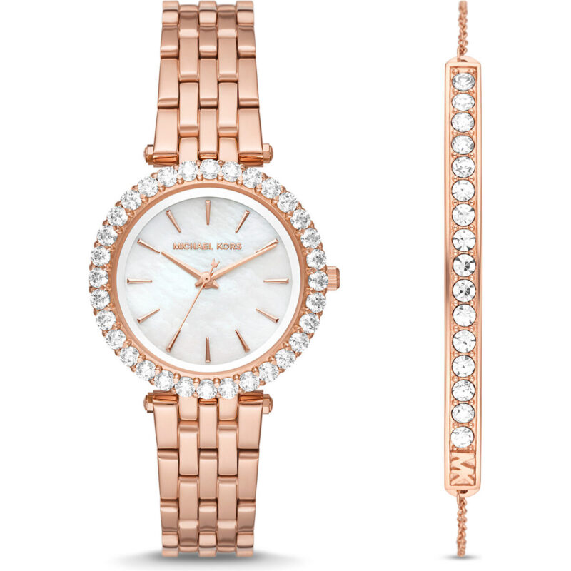 Michael Kors Darci Women’s Rose Gold-Tone Watch & Bracelet Set | 34mm Mother of Pearl Dial with Pavé Crystal Bezel (MK1064SET)
