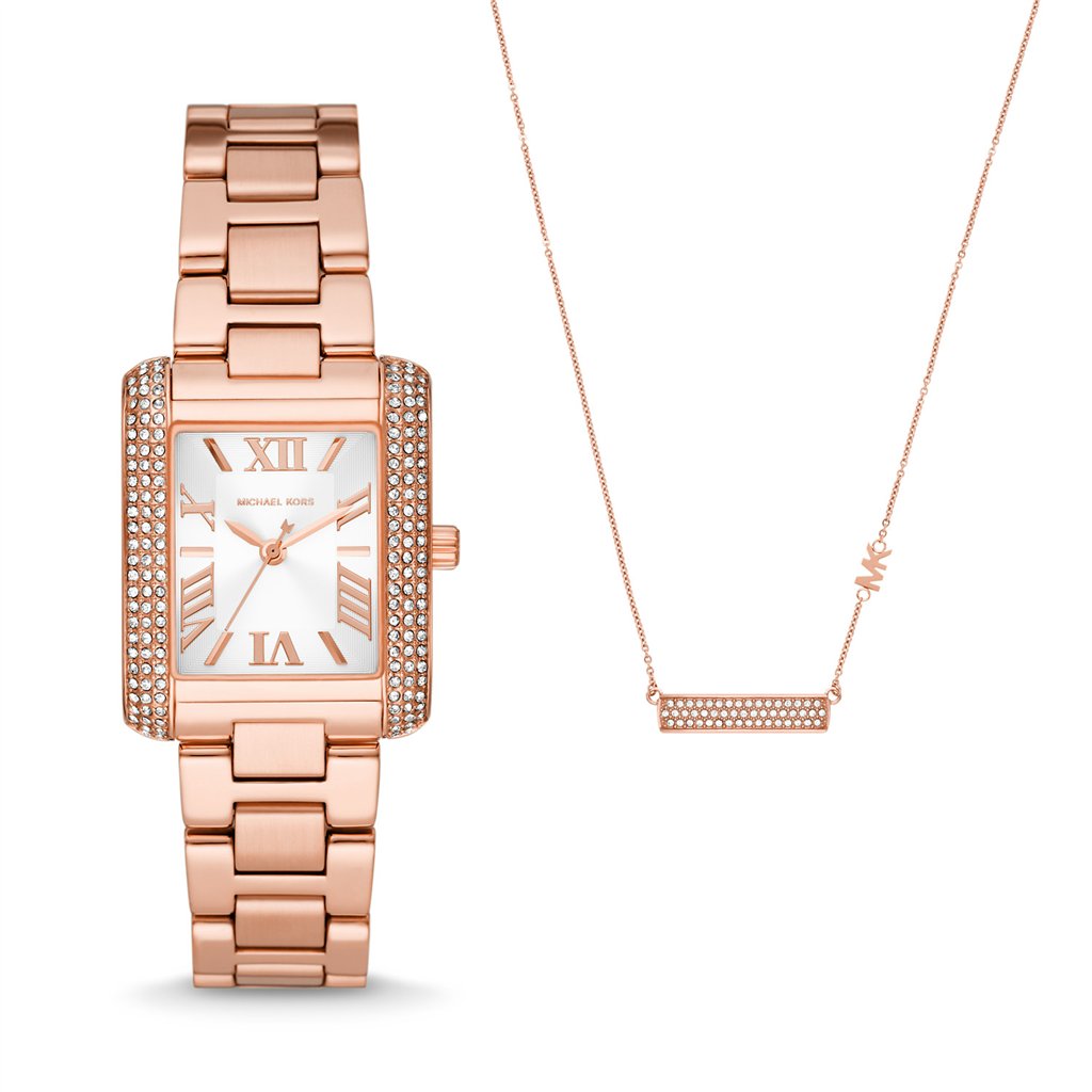 Michael Kors Emery Women’s Rose Gold-Tone Watch & Necklace Set | 33mm Rectangular Pavé Case with Roman Numeral Sunray Dial (MK1074SET)