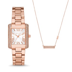Michael Kors Emery Women’s Rose Gold-Tone Watch & Necklace Set | 33mm Rectangular Pavé Case with Roman Numeral Sunray Dial (MK1074SET)