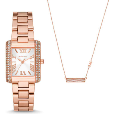 Michael Kors Emery Women’s Rose Gold-Tone Watch & Necklace Set | 33mm Rectangular Pavé Case with Roman Numeral Sunray Dial (MK1074SET)